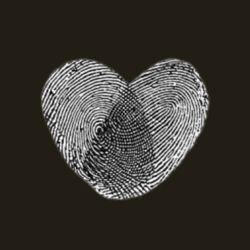 a heart formed by two fingerprint against a dark green background